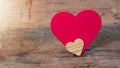 Valentine`s Day Love wedding banner greeting card template - two hearts made of wood on rustic wooden table Royalty Free Stock Photo