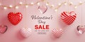 Valentine\'s day luxury sale banner with 3D hearts and glass hearts hanging, shining lights Royalty Free Stock Photo