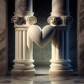 Valentine\'s Day marble heart. Greeting card with greek columns. Generative Ai Art