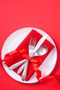 Valentine`s Day meal design concept - Romantic plate dish set isolated on red background for restaurant, holiday celebration Royalty Free Stock Photo