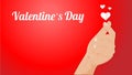 Valentine`s day with mini heart hand sign vector concept on red background.