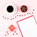 Valentine`s Day mock up with coffee drink, giftbox, candies on pastel pink background, flat lay Royalty Free Stock Photo