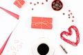 Valentine`s Day mock up with coffee drink, giftbox, candies on white background, flat lay Royalty Free Stock Photo