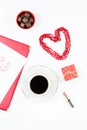 Valentine`s Day mock up with coffee drink, giftbox, candies on white background, flat lay Royalty Free Stock Photo