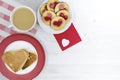 Valentine`s Day. morning coffee with pastries and hearts