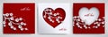 Valentine`s day, mother`s day design set. Greeting card, poster, banner collection. Heart with cherry flowers branch on red, white