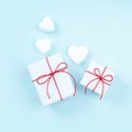 Valentine`s Day, Mother`s day handmade gift design concept - Wrapped gift box isolated on pastel light blue color background, fl