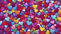 Valentine\'s day multicoloured background, many hearts of different shapes, AI Generated