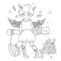 Valentine`s day. Naughty cute curly Cupid-boy with slingshot behind his back, wings and a bunch of hearts. Royalty Free Stock Photo