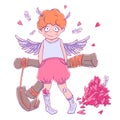 Valentine`s day. Naughty cute curly Cupid-boy with slingshot behind his back, wings and a bunch of hearts. Royalty Free Stock Photo