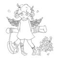 Valentine`s day. Naughty cute curly Cupid-girl with slingshot behind her back, wings and a bunch of hearts.