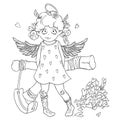 Valentine`s day. Naughty cute curly Cupid-girl with slingshot behind her back, wings and halo. Royalty Free Stock Photo