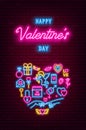 Valentine`s Day neon baner, flyer, poster, greeting card. Valentine day neon signs on brick wall background