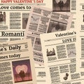 Valentine's day newspaper seamless pattern. Background with title header, unreadable text, retro. Vector illustration