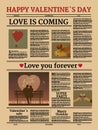 Valentine s day newspaper, title header, unreadable text, retro. Vector illustration vintage