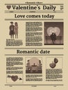 Valentine s day newspaper, title header, unreadable text, retro. Vector illustration vintage