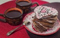 Valentine`s Day pancakes in heart shape