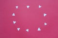 Valentine`s Day. Paper hearts on pink background. Flat lay, top view, copy space