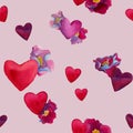 Watercolor hearts in seamless pattern in shades of pink red purple and blue. February 14th backgrounds Royalty Free Stock Photo