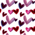 Watercolor hearts in seamless pattern in shades of pink red purple and blue. February 14th backgrounds Royalty Free Stock Photo