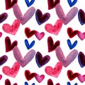 Watercolor hearts in seamless pattern in shades of pink  red  purple  and blue. February 14th backgrounds Royalty Free Stock Photo