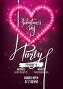 Valentine`s Day party flyer template retro neon heart with led lights, vector illustration Royalty Free Stock Photo