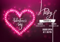 Valentine`s Day party flyer template retro neon heart with led lights, vector illustration