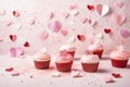 Valentine's Day party with heart-shaped decorations, confetti, and cupcakes Royalty Free Stock Photo