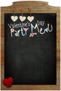 Valentine's Day Party Menu, hearts hanging on wooden texture bac Royalty Free Stock Photo