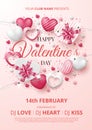 Valentine`s day party poster template with 3D hearts, shining lights and gift box.