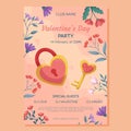 Valentine\'s Day Party poster template design. Lock and key in heart shape, gold and pink color with floral frame beige Royalty Free Stock Photo