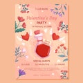 Valentine\'s Day Party poster template design. Love potion bottle two heart with wings demon and angel, flower frame on beige