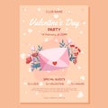 Valentine\'s Day Party poster template design. Pink closed envelop, red and pink flowers green leaves on beige backdrop.