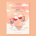 Valentine\'s Day Party poster template design. Two glass of wine with flowers behind it on beige back white clounds. Event