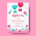 Valentine`s day party template with illustration of pink and tosca heart shape flying helium balloon with present gift box Royalty Free Stock Photo