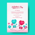 Valentine`s day party template with illustration of pink and tosca heart shape flying helium balloon with present gift box Royalty Free Stock Photo