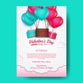 Valentine`s day party template with illustration of pink and tosca heart shape flying helium balloon with present gift box Royalty Free Stock Photo