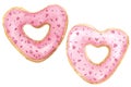 Valentine`s day pastry set. Watercolor hand painted pink heart shaped donuts isolated on white background.