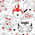 Valentine's Day pattern. Love modern print hand drawing with burning heart, flower, rose.Y2k 2000s cute emo goth