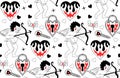 Valentine's Day pattern. Love modern print hand drawing with burning heart, flower, rose.Y2k 2000s cute emo goth