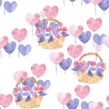 Valentine`s Day pattern. Sweet and Romantic. Heart balloons and a basket of flowers. Watercolor Royalty Free Stock Photo