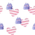 Valentine`s Day pattern. Sweet and Romantic. Hedgehogs and striped heart. Watercolor