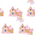 Valentine`s Day pattern. Sweet and Romantic. House and bunny with flowers. Watercolor