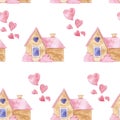 Valentine`s Day pattern. Sweet and Romantic. House and many hearts. Watercolor