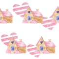 Valentine`s Day pattern. Sweet and Romantic. House and striped heart. Watercolor