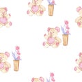 Valentine`s Day pattern. Sweet and Romantic. Teddy bear and a vase of flowers. Watercolor Royalty Free Stock Photo