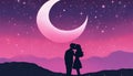 valentine's Day. A pink and purple sky with a crescent moon and stars. with a couple holding hands and kissing