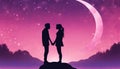 valentine's Day. A pink and purple sky with a crescent moon and stars. with a couple holding hands and kissing