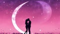 valentine's Day. A pink and purple sky with a crescent moon and stars. with a couple holding hands and kissing