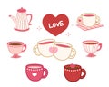 pink and red coffee cups and tea cups, icon and love for lovers